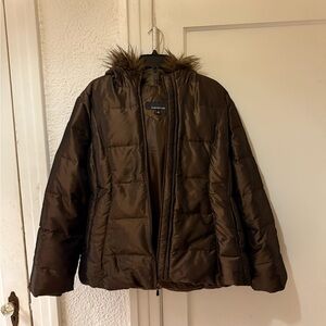 Jones New York Brown Bomber Jacket with Faux Fur Trim